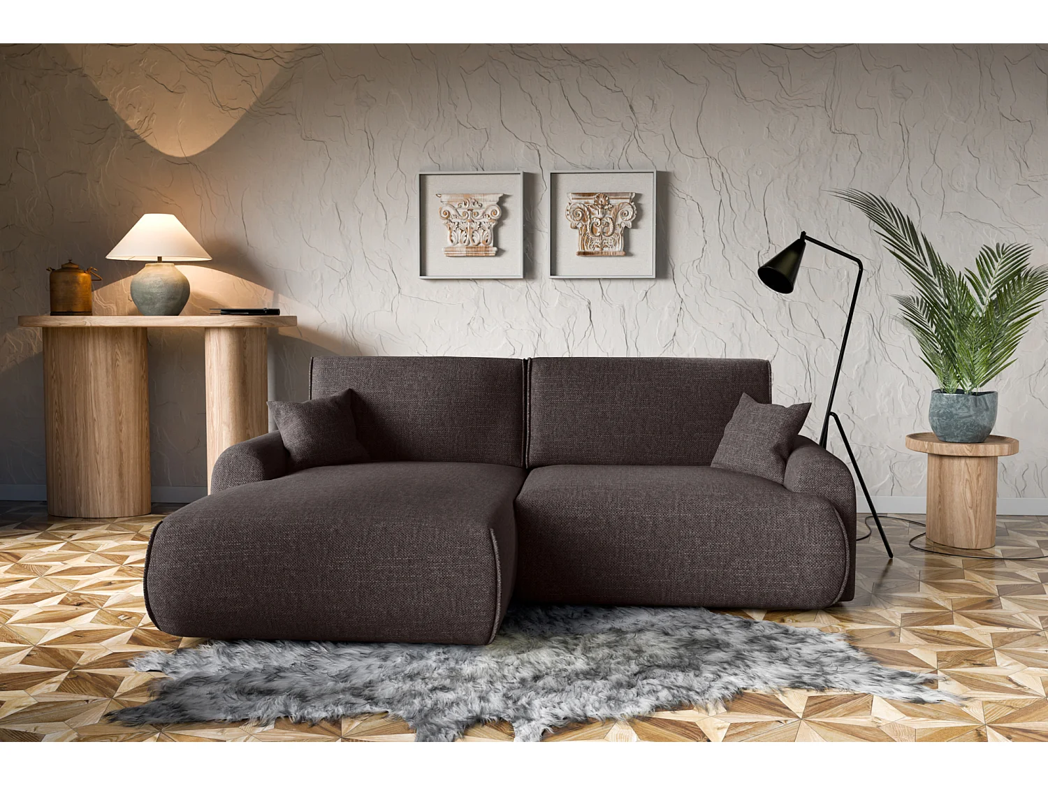 Divano letto angolare sinistro con vano contenitore Noboo in marrone cioccolato direttamente dal produttore, consegna e installazione gratuite