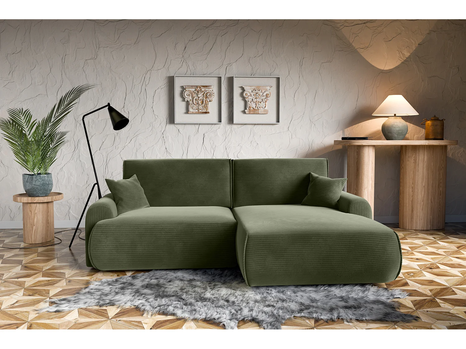 Canapé d'Angle droit avec fonction de couchage Noboo coffre en velours côtelé vert direct fabricant, livraison et installation offertes