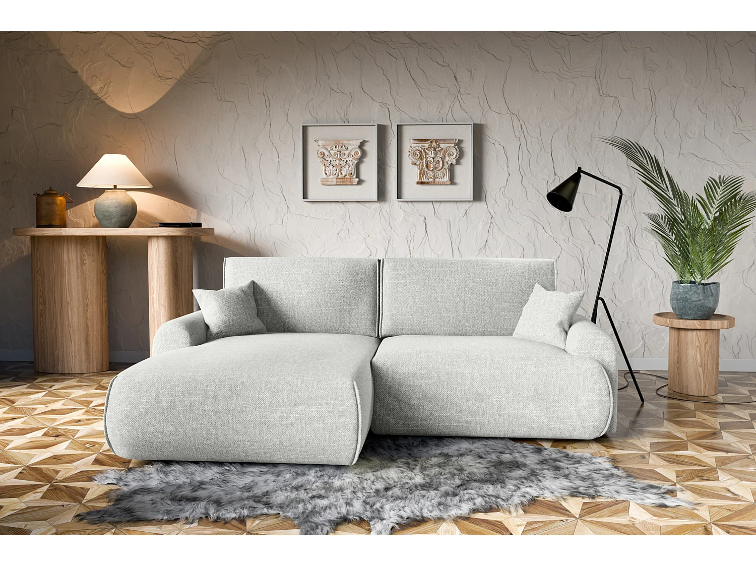 Canapé d'Angle gauche avec fonction de couchage Noboo coffre en gris clair direct fabricant, livraison et installation offertes