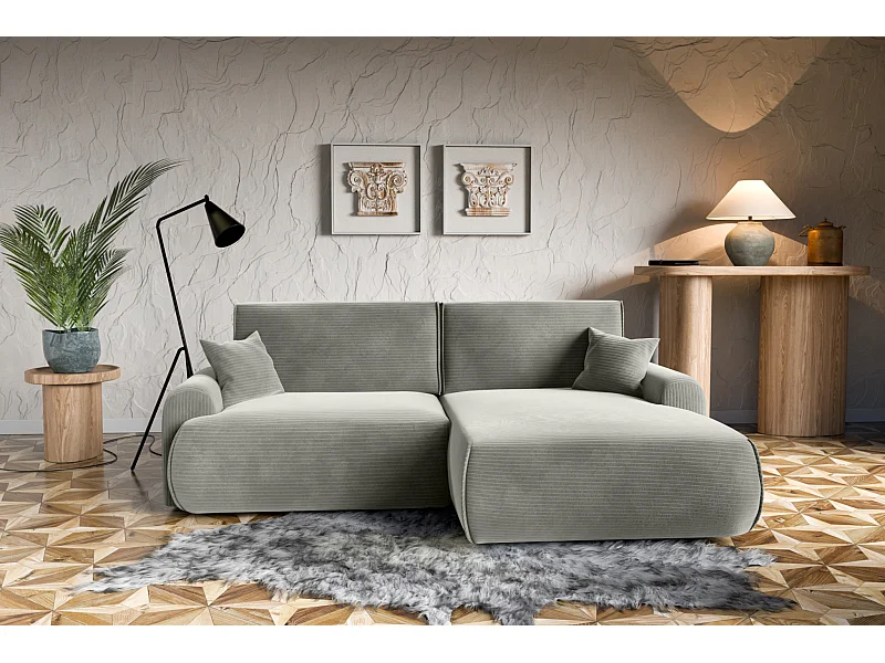 Divano letto angolare destro con vano contenitore Noboo in velluto a coste grigio direttamente dal produttore, consegna e installazione gratuite