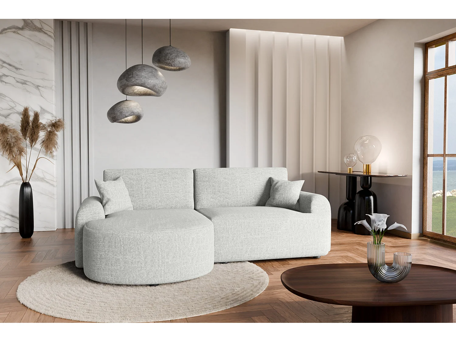 Canapé d’angle gauche en tissu tressé gris clair, résistant à l’usure, avec fonction couchage – ARTE PREMIUM