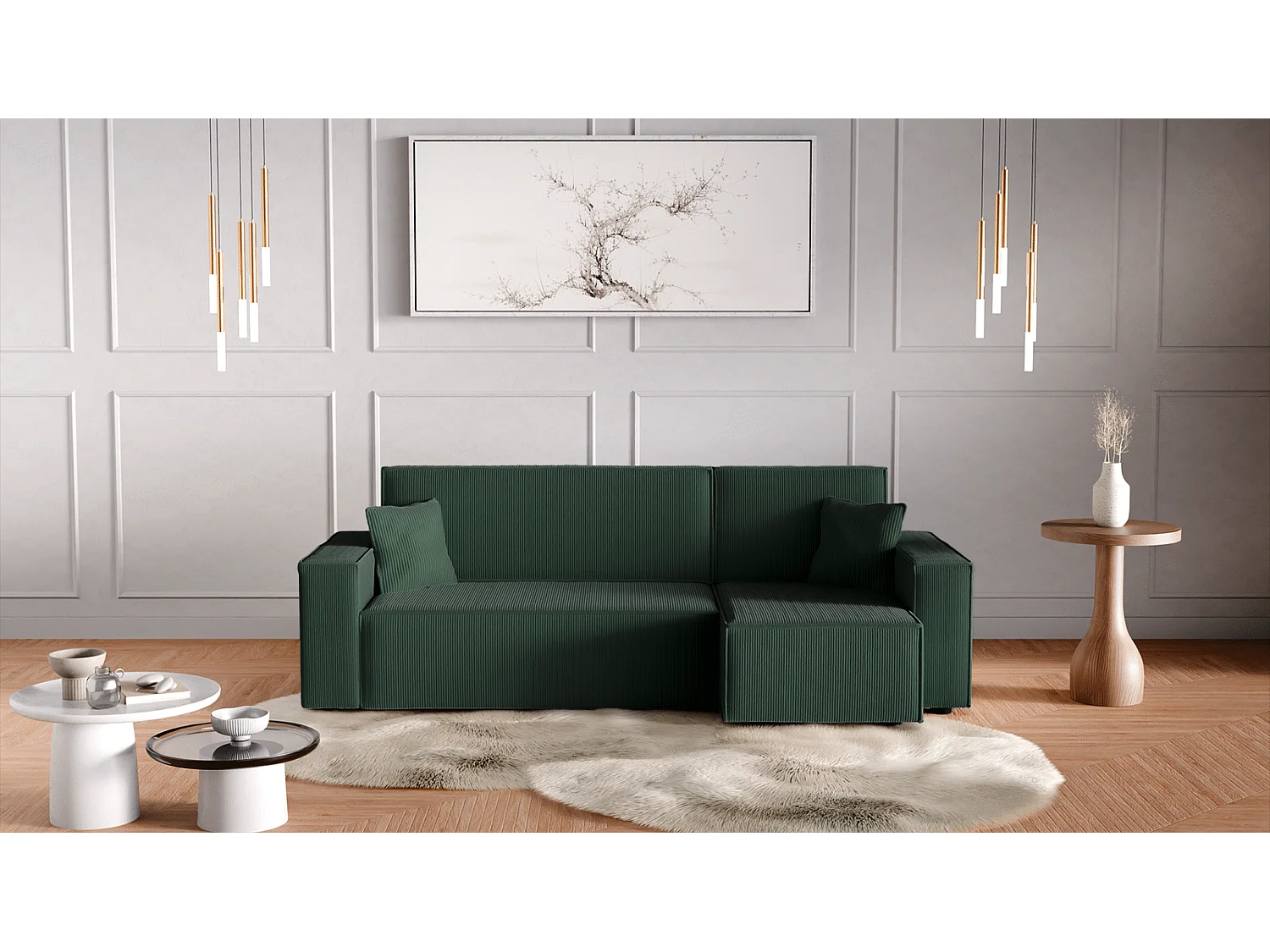 Divano letto angolare reversibile con vano contenitore universale Karl L in velluto a coste verde bottiglia del produttore - VINOTTI