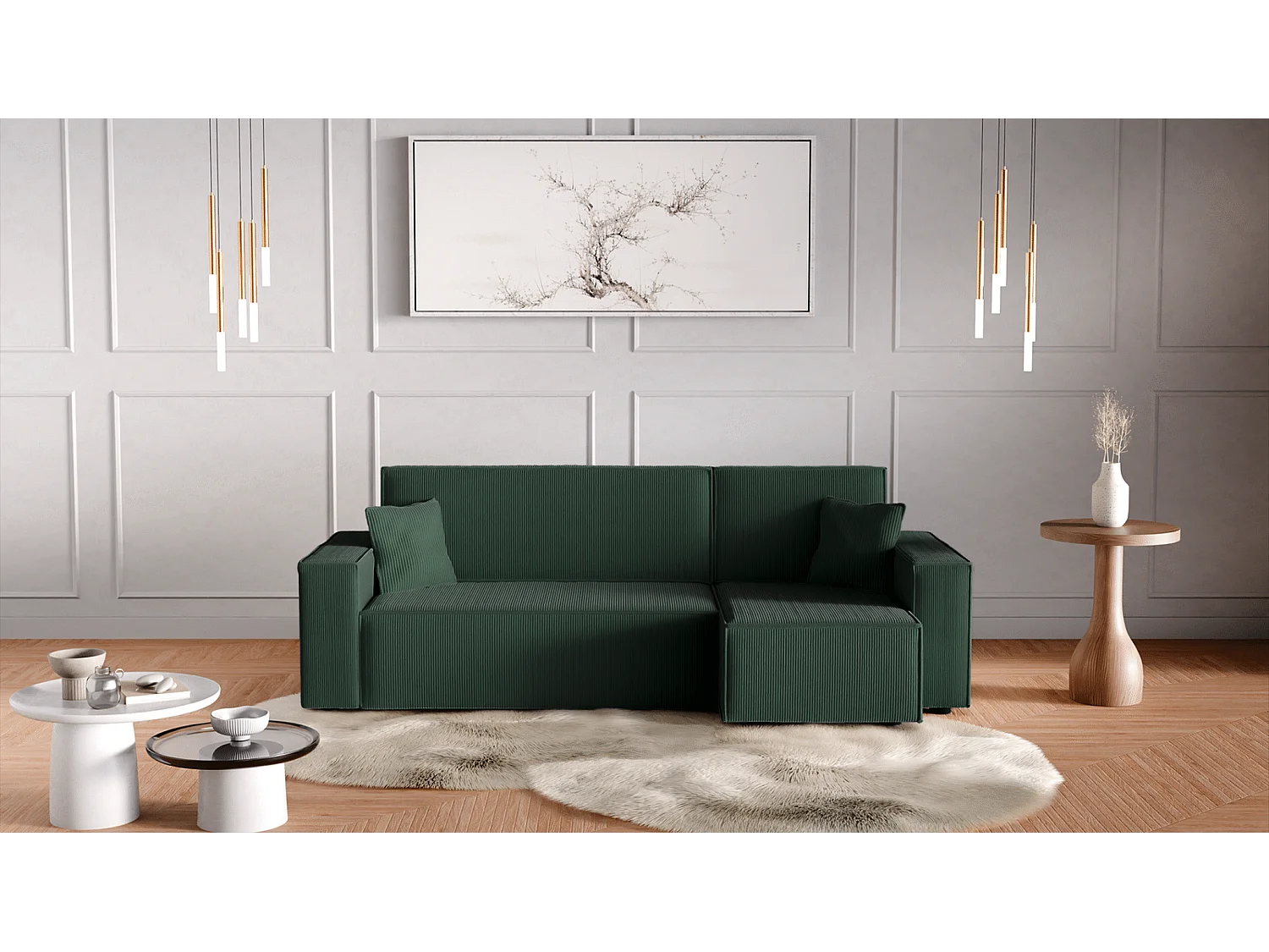 Hoekbank Karl L van de fabrikant VINOTTI, uitschuifbaar met slaapfunctie, universele opbergruimte, van Flessengroen ribfluweel