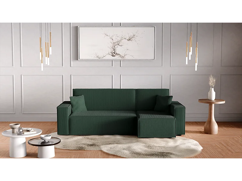 Divano letto angolare reversibile con vano contenitore universale Karl L in velluto a coste verde bottiglia del produttore - VINOTTI