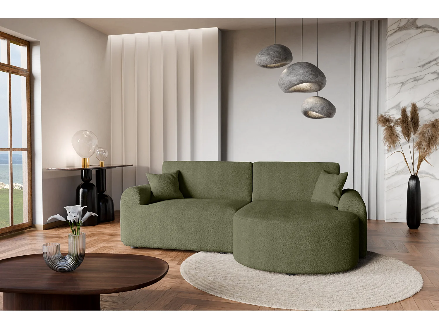 Canapé d’angle gauche moderne avec fonction couchage en bouclé vert bouteille – ARTE PREMIUM, direct fabricant