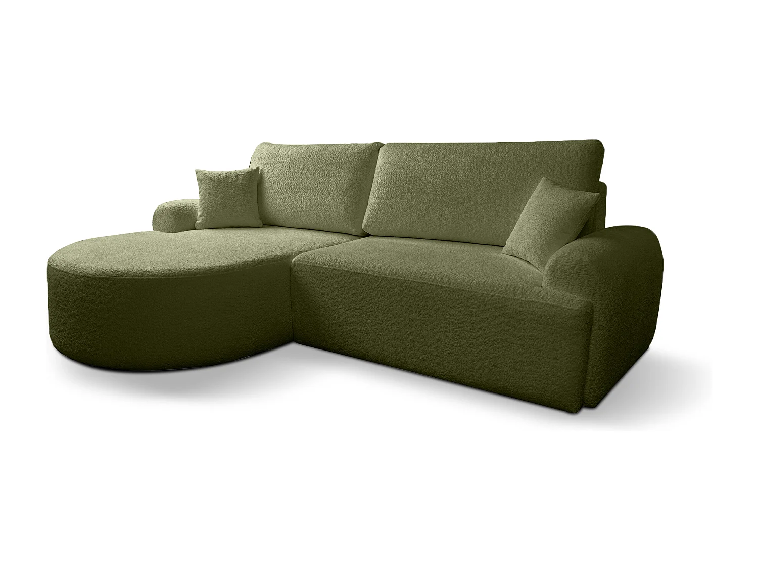 Canapé d’angle gauche moderne avec fonction couchage en bouclé vert bouteille – ARTE PREMIUM, direct fabricant