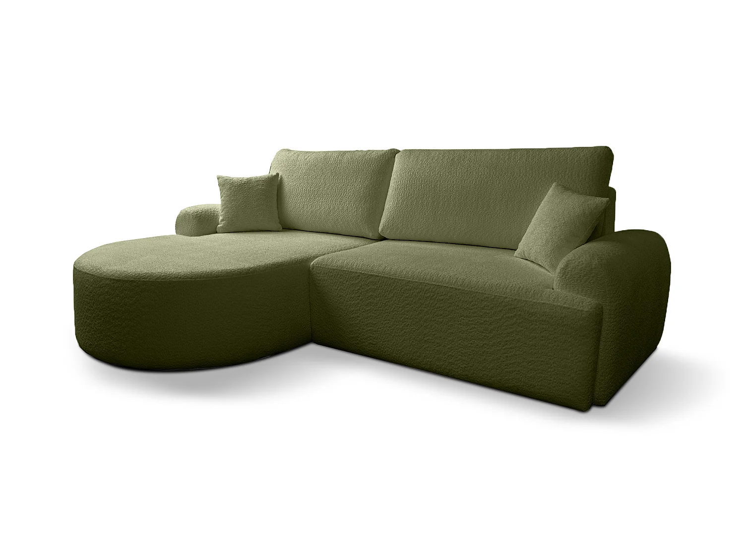 Canapé d’angle gauche moderne avec fonction couchage en bouclé vert bouteille – ARTE PREMIUM, direct fabricant