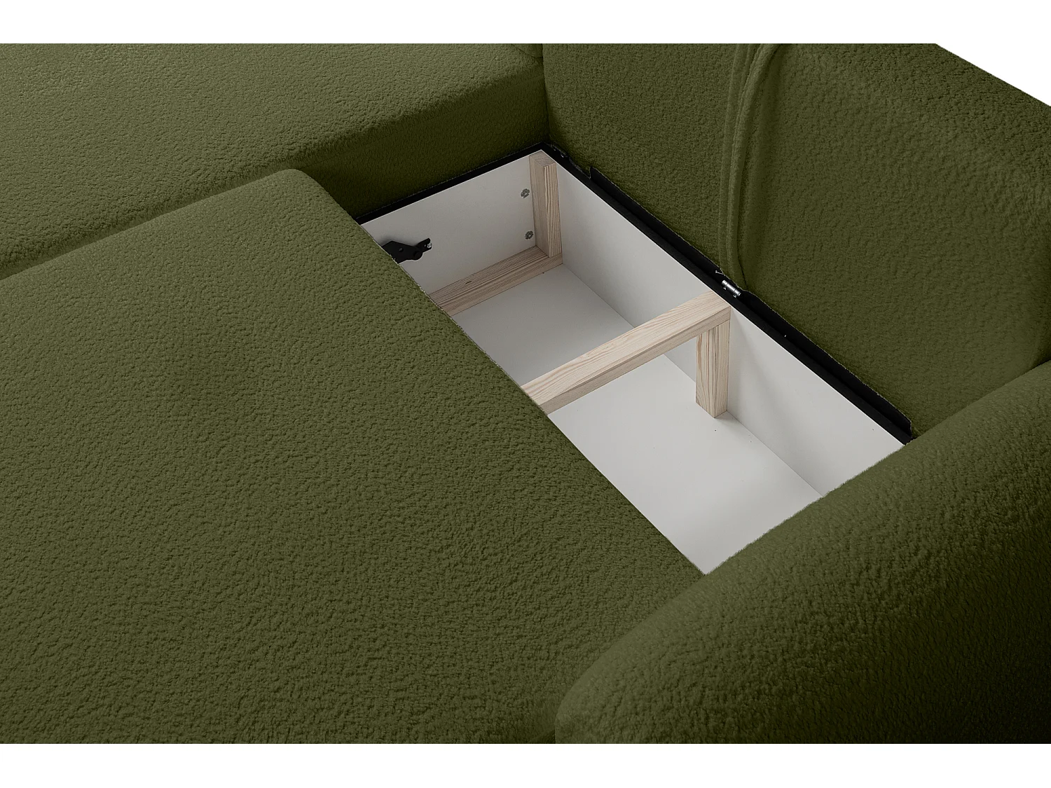 Canapé d’angle gauche moderne avec fonction couchage en bouclé vert bouteille – ARTE PREMIUM, direct fabricant