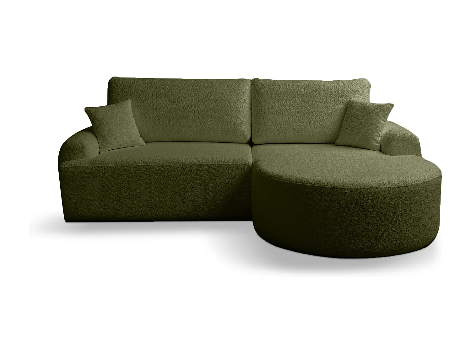 Canapé d’angle droit moderne avec fonction couchage en bouclé vert bouteille – ARTE PREMIUM, direct fabricant