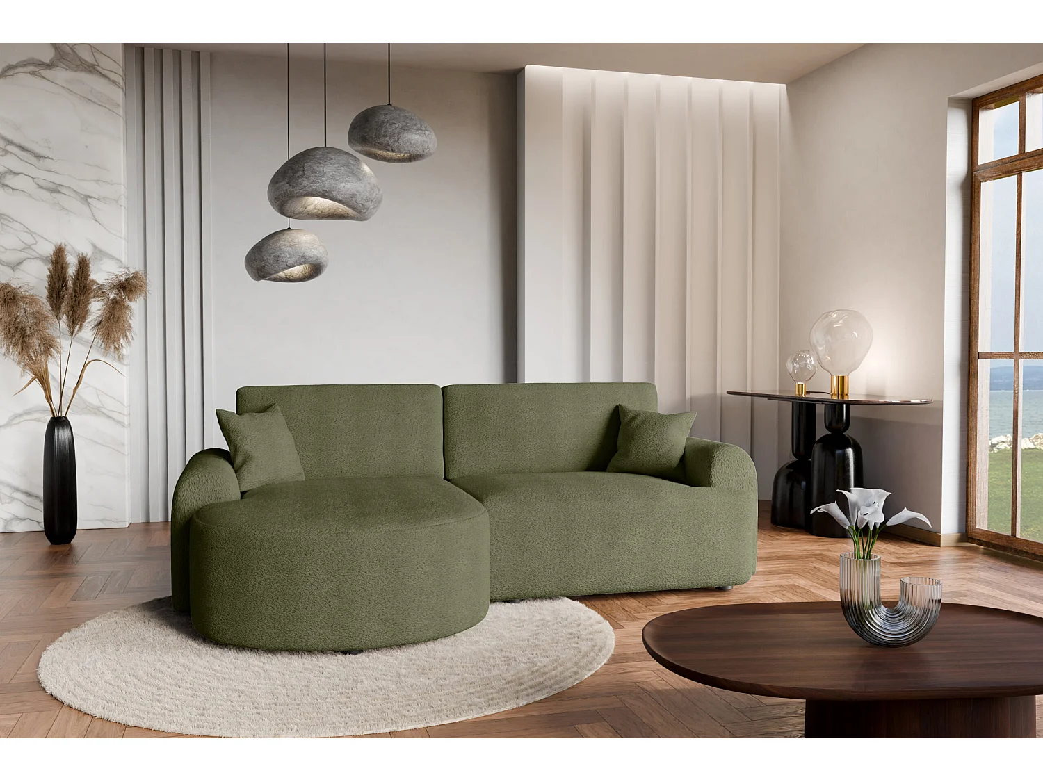 Canapé d’angle droit moderne avec fonction couchage en bouclé vert bouteille – ARTE PREMIUM, direct fabricant