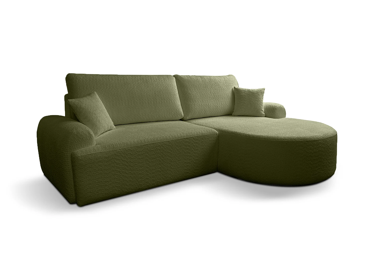Canapé d’angle droit moderne avec fonction couchage en bouclé vert bouteille – ARTE PREMIUM, direct fabricant