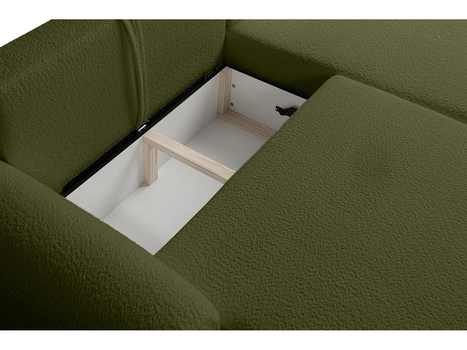 Canapé d’angle droit moderne avec fonction couchage en bouclé vert bouteille – ARTE PREMIUM, direct fabricant