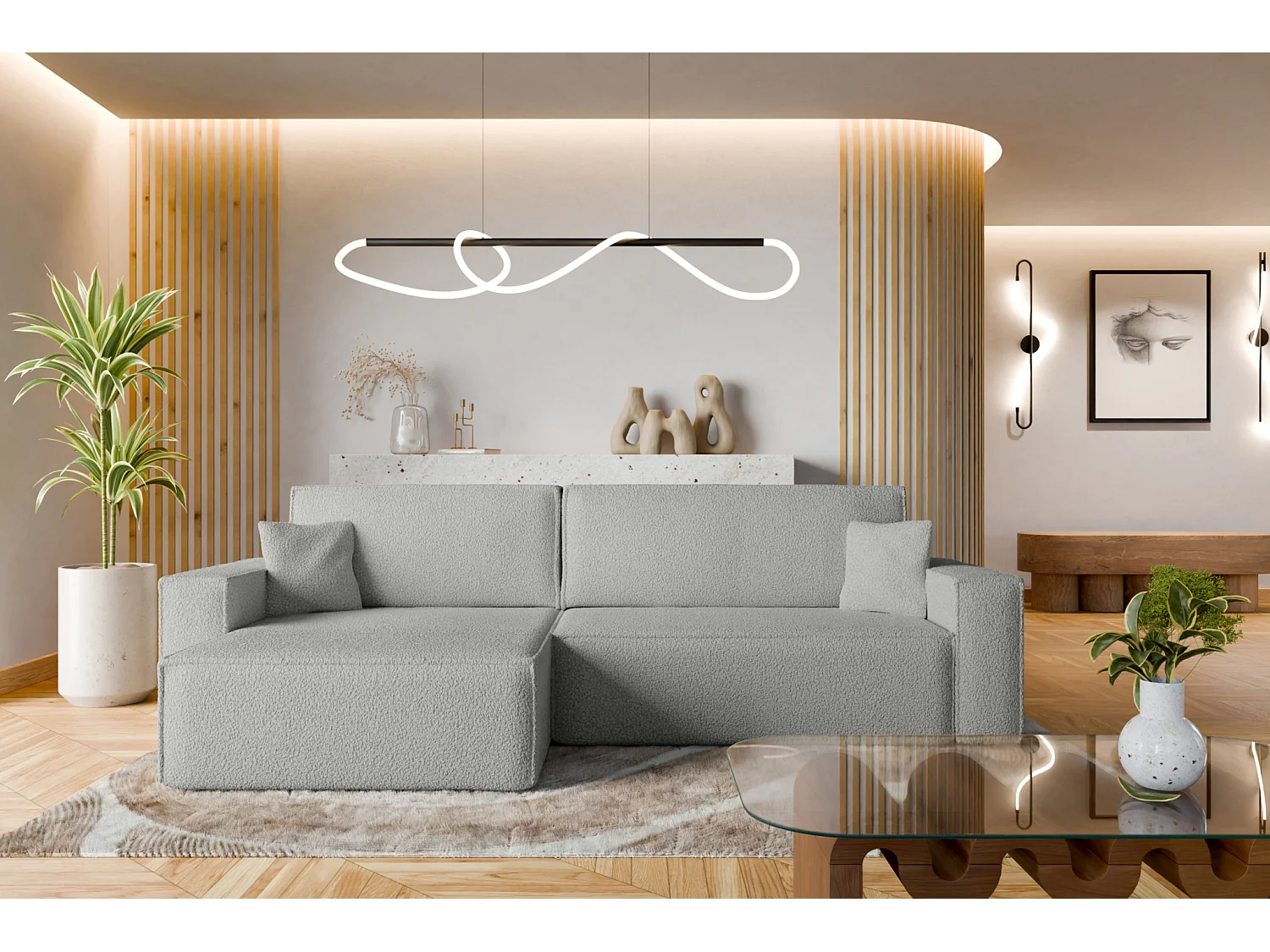 Canapé d'Angle réversible convertible avec fonction de couchage Karl XL coffre universel en tissu bouclé gris clair du fabricant - VINOTTI