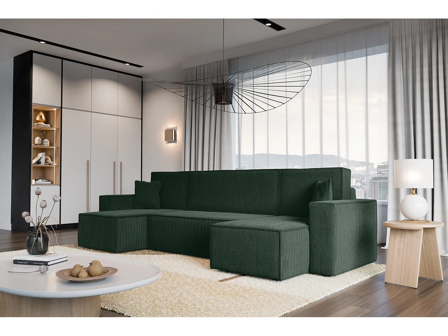 Canapé d'Angle réversible convertible avec fonction de couchage Karl U coffre universel en velours côtelé vert bouteille du fabricant - VINOTTI