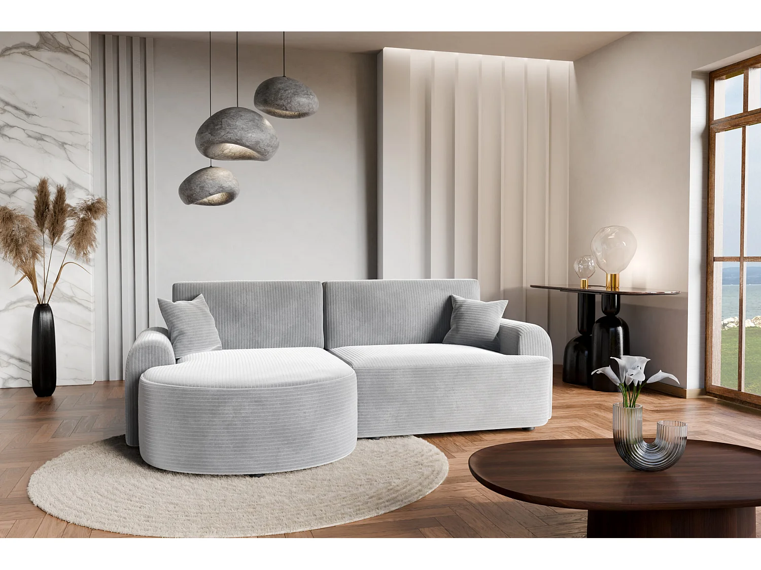 Canapé d'Angle gauche avec fonction de couchage ARTE PREMIUM coffre en velours côtelé gris du fabricant - VINOTTI