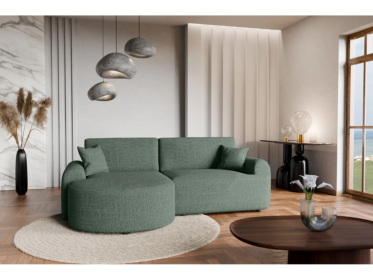 Canapé d’angle gauche en tissu tressé vert bouteille, résistant à l’usure, avec fonction couchage – ARTE PREMIUM