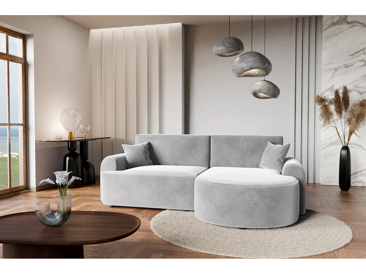 Canapé d'Angle droit avec fonction de couchage ARTE PREMIUM coffre en velours côtelé gris du fabricant - VINOTTI