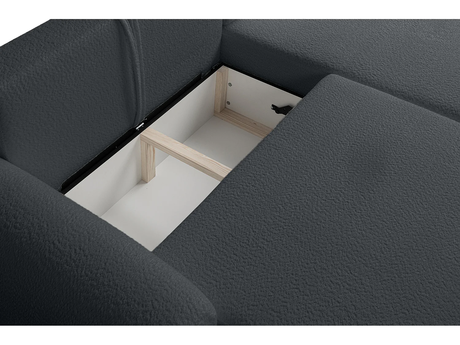 Moderne linkerhoekbank met slaapfunctie in antraciet bouclé – ARTE PREMIUM, rechtstreeks van de fabrikant.