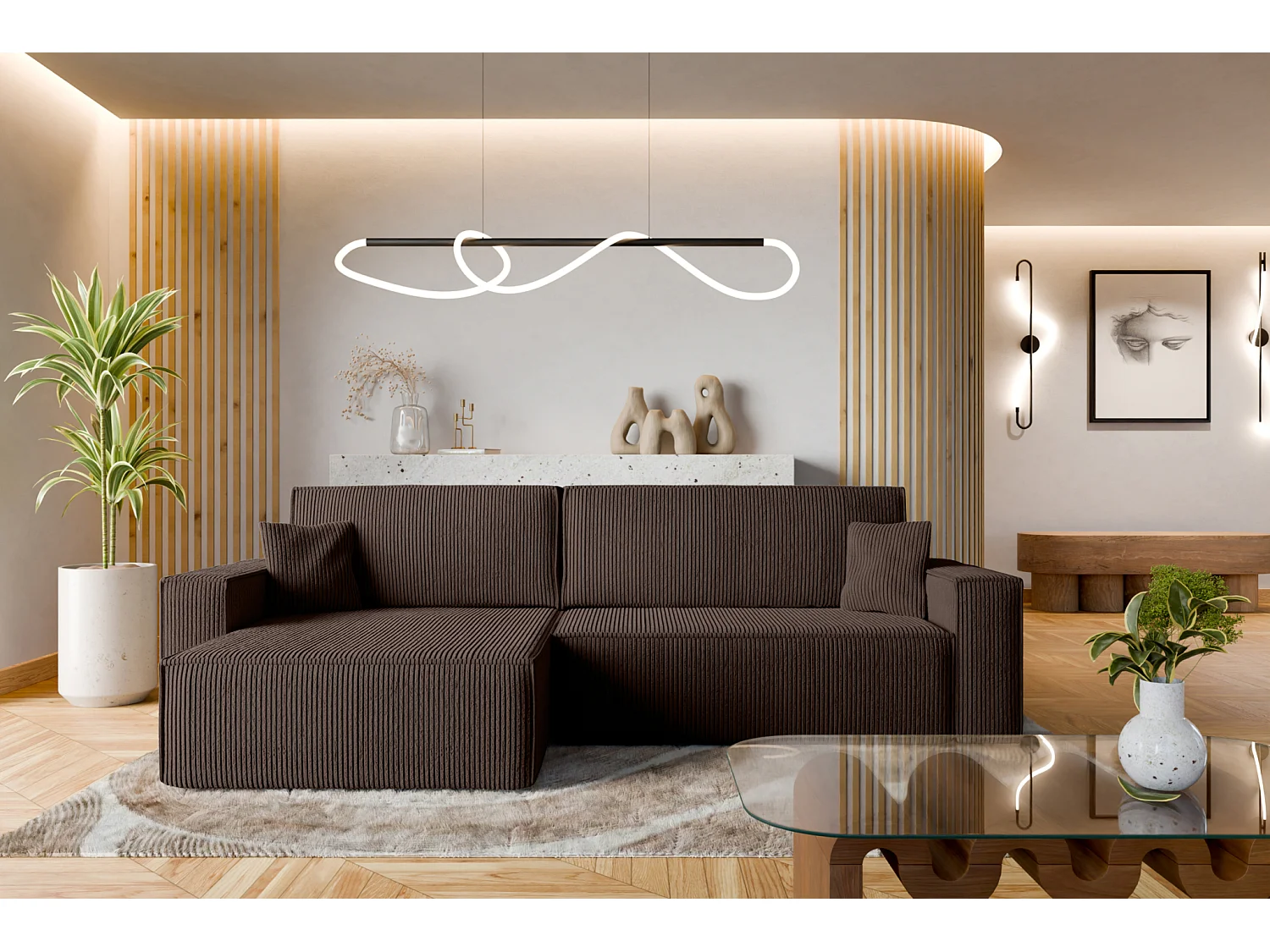 Canapé d'Angle réversible convertible avec fonction de couchage Karl XL coffre universel en velours côtelé brun chocolat du fabricant VINOTTI