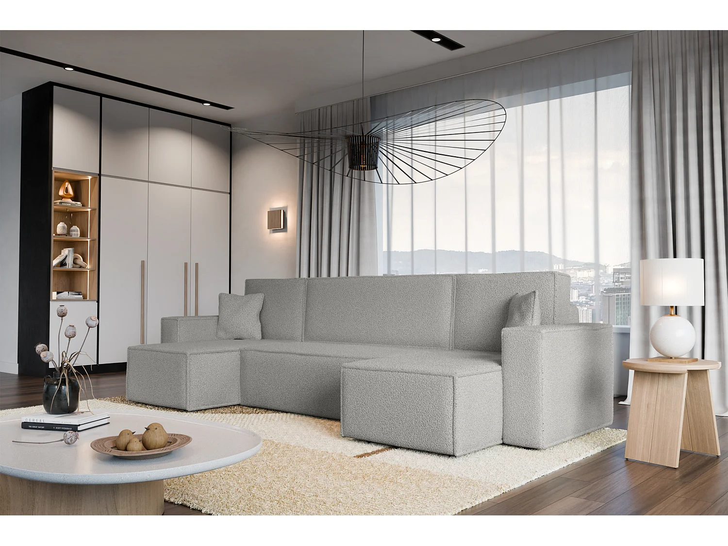 Canapé d'Angle réversible convertible avec fonction de couchage Karl U coffre universel en tissu bouclé gris clair du fabricant - VINOTTI