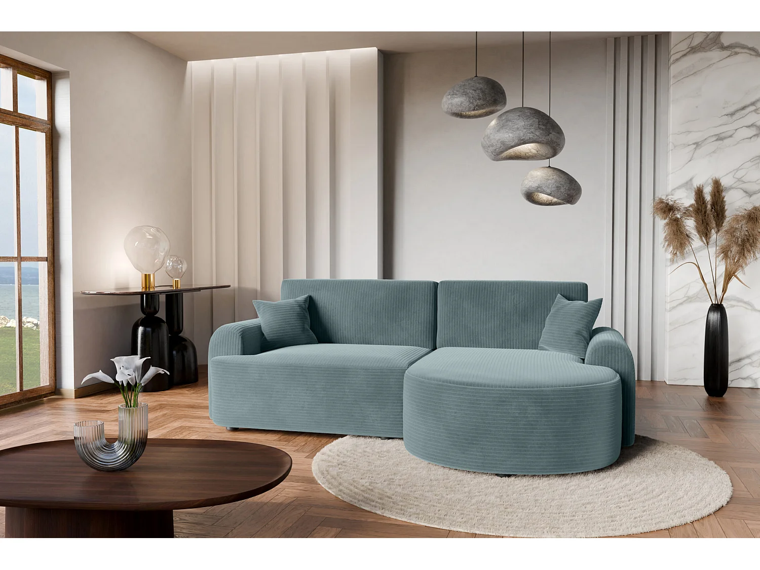 Canapé d'Angle droit avec fonction de couchage ARTE PREMIUM coffre en velours côtelé turquoise du fabricant - VINOTTI