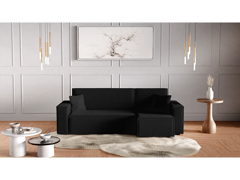 Canapé d'Angle réversible convertible avec fonction de couchage Karl L coffre universel en velours côtelé noir du fabricant - VINOTTI