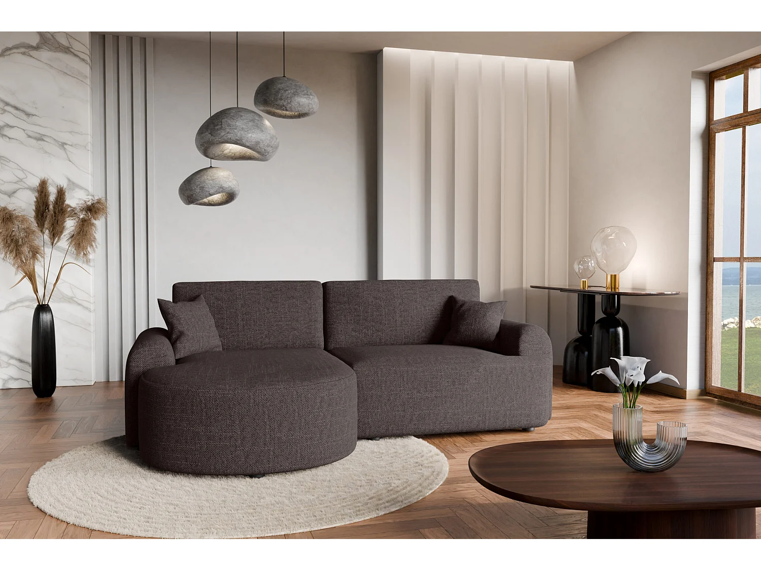 Canapé d’angle gauche en tissu tressé brun chocolat, résistant à l’usure, avec fonction couchage – ARTE PREMIUM