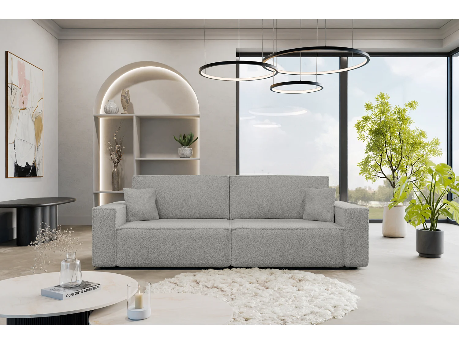 Divano Karl avec deux coffres de rangement pour literie, pour le salon, grand choix directement du fabricant tissu bouclé gris clair - VINOTTI