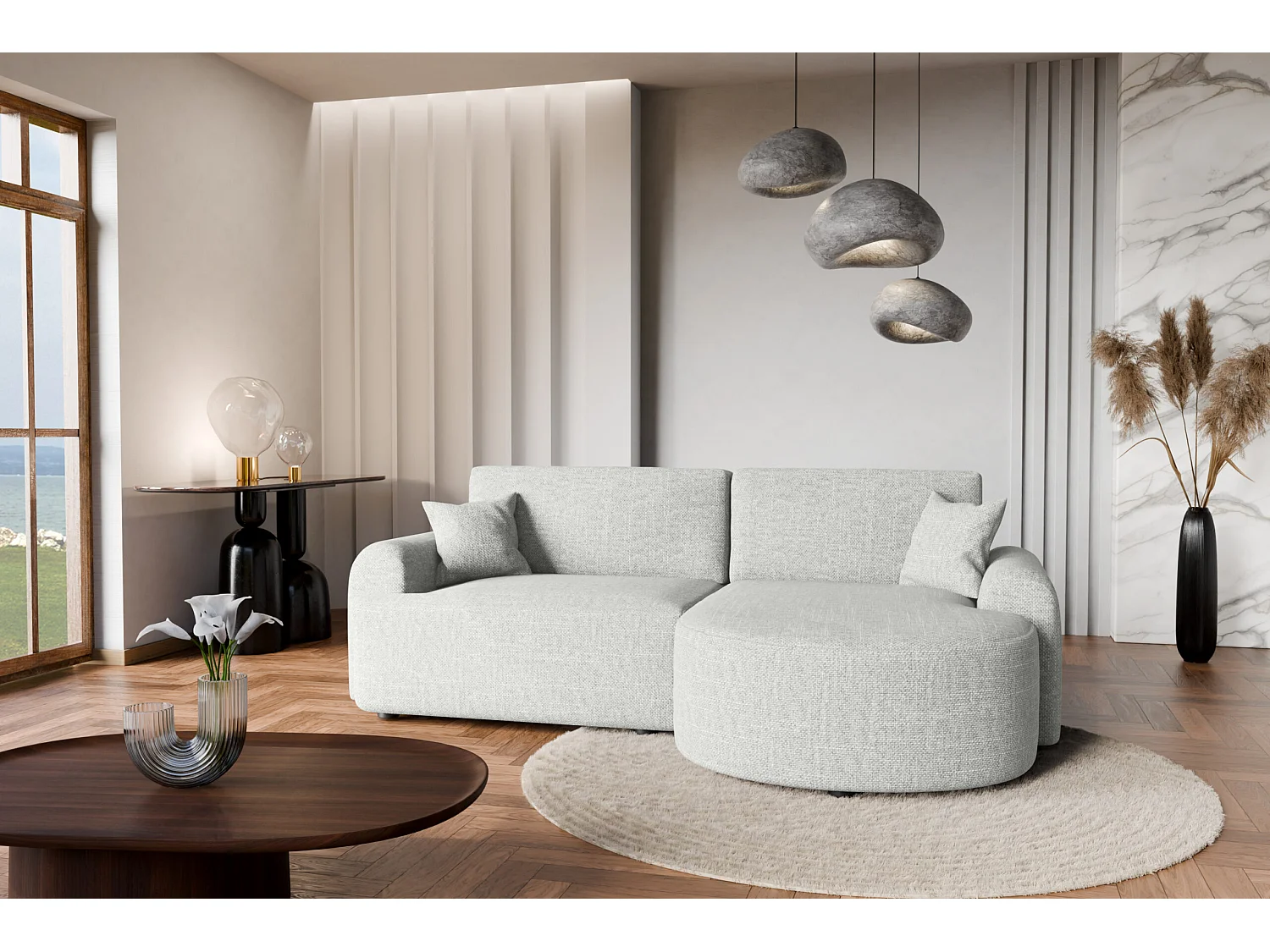 Canapé d’angle droit en tissu tressé gris clair, résistant à l’usure, avec fonction couchage – ARTE PREMIUM
