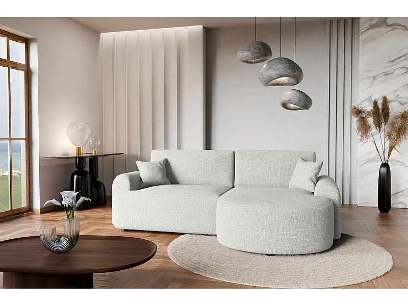 Divano angolare destro in tessuto intrecciato grigio chiaro, resistente all’usura, con funzione letto – ARTE PREMIUM