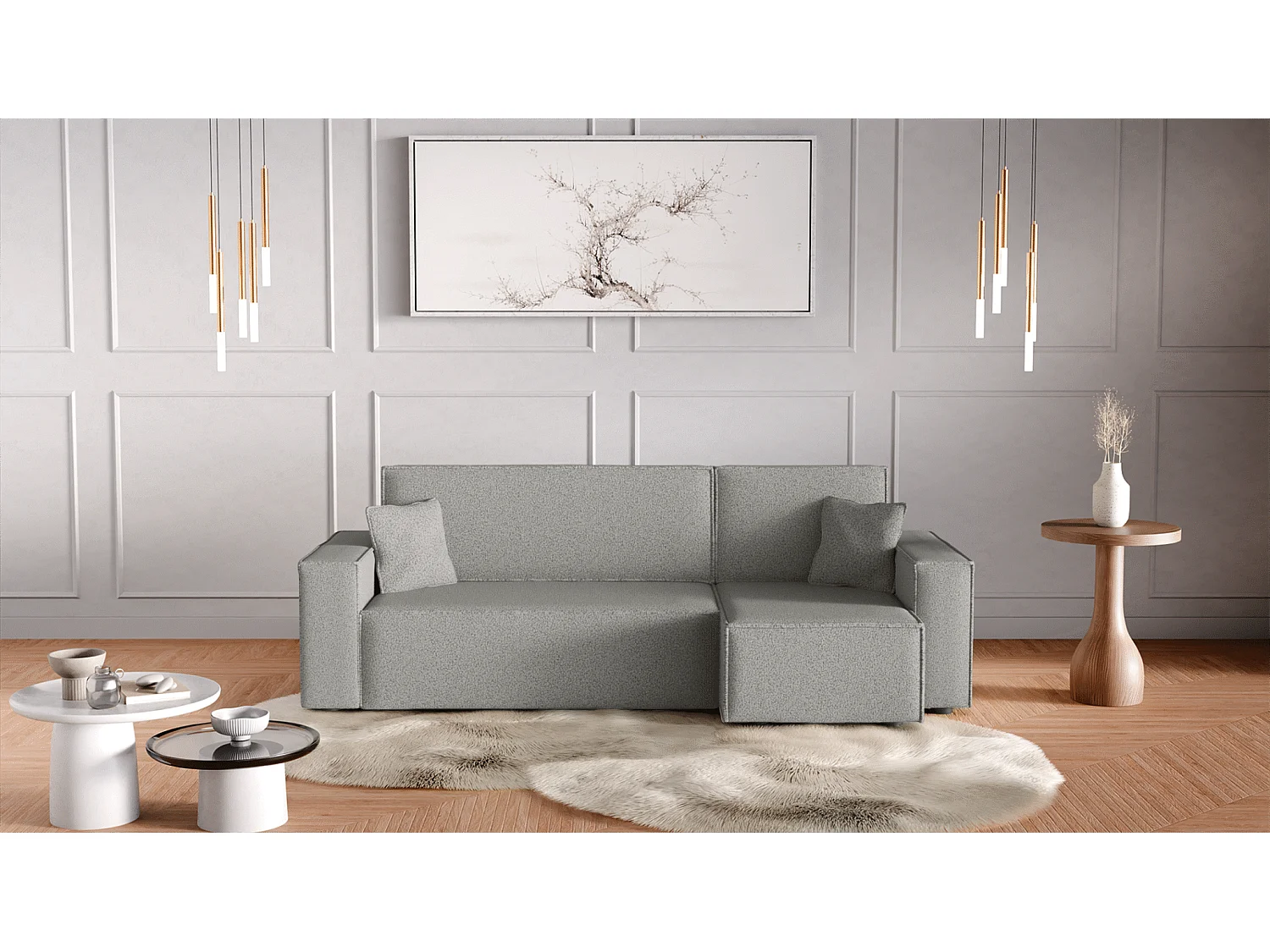 Canapé d'Angle réversible convertible avec fonction de couchage Karl L coffre universel en tissu bouclé gris clair du fabricant - VINOTTI