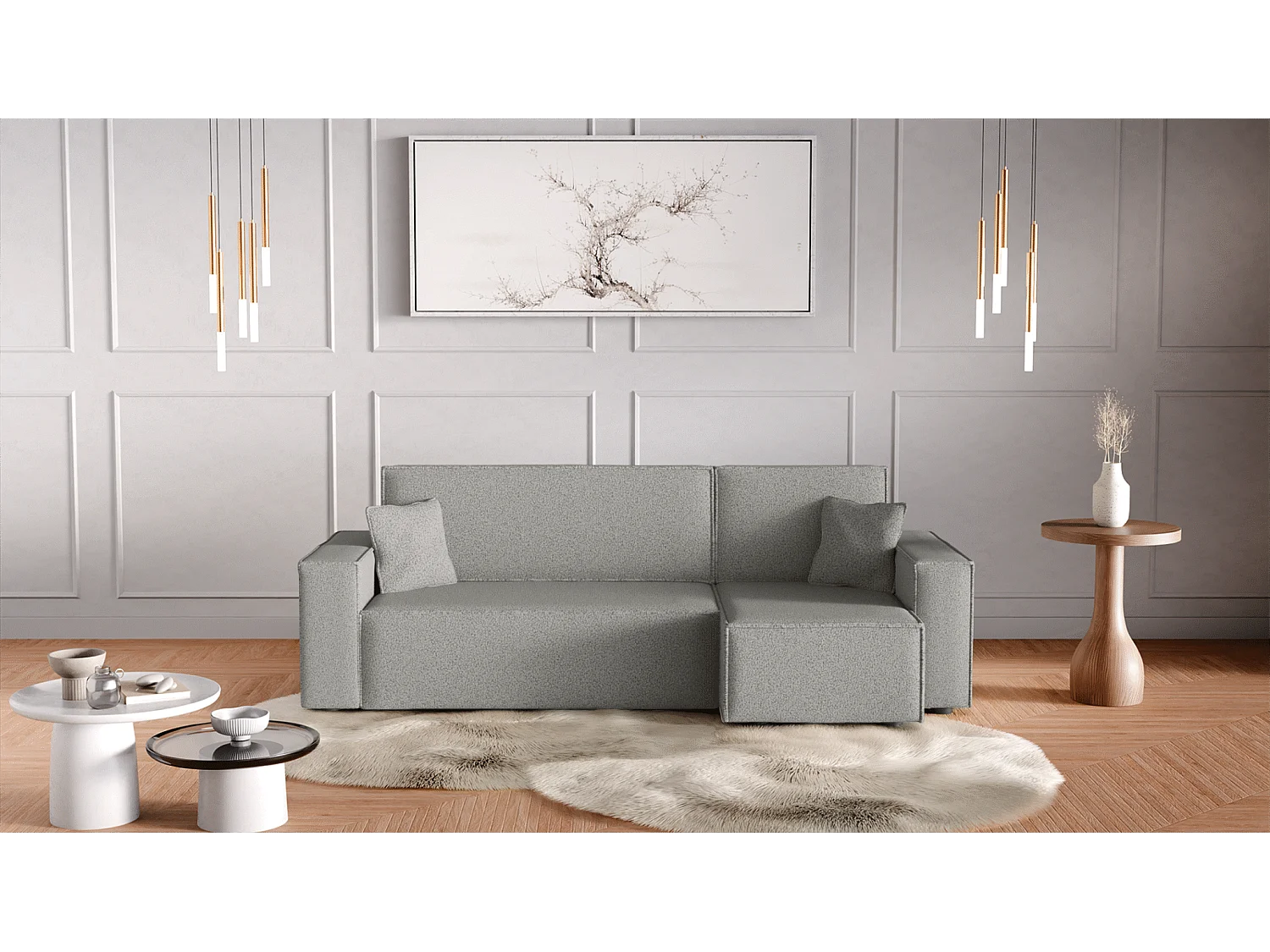 Hoekbank Karl L  uitschuifbaar met slaapfunctie, universele opbergruimte, van lichtgrijze bouclé stof, van de fabrikant VINOTTI
