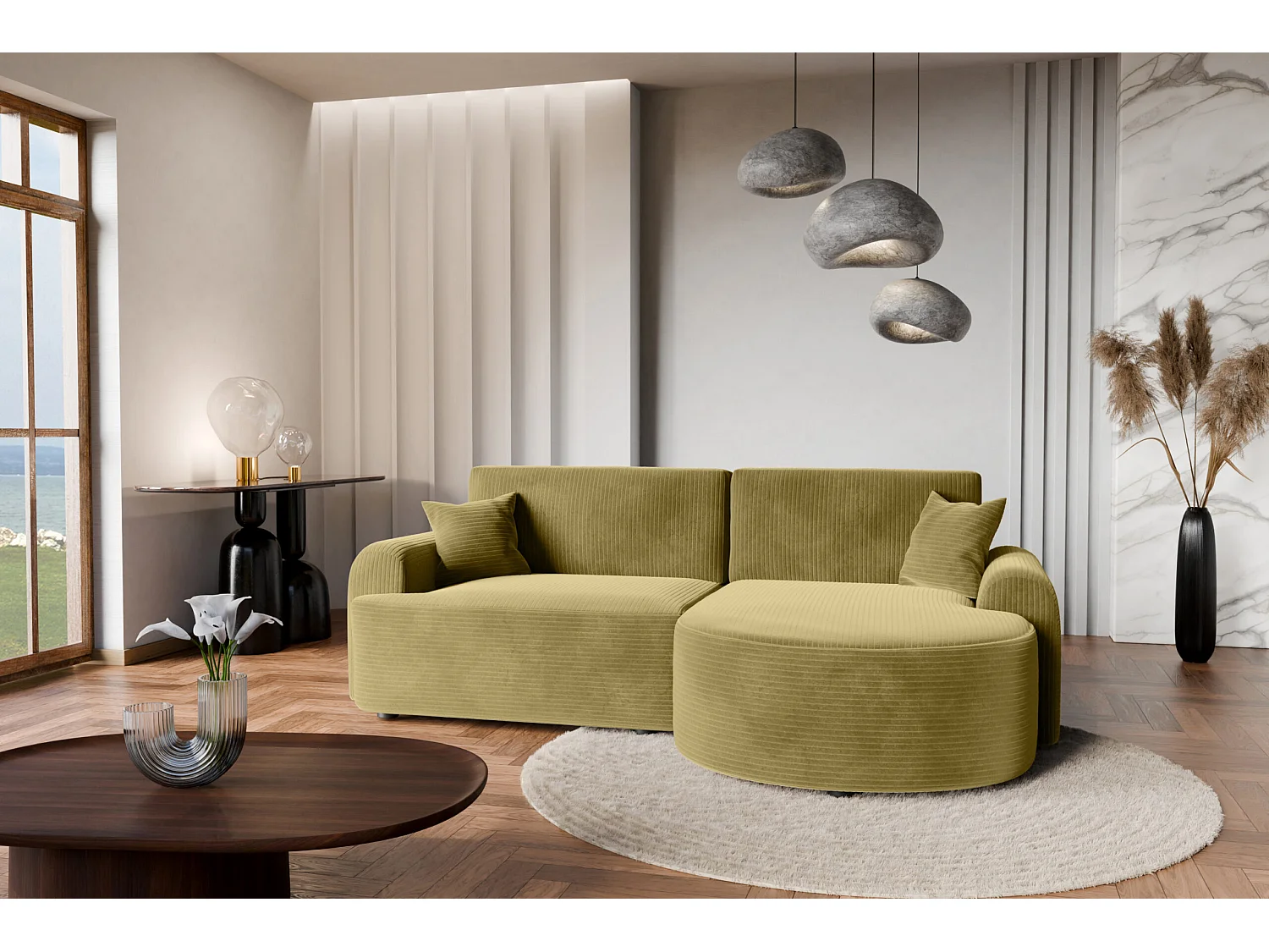 Canapé d'Angle droit avec fonction de couchage ARTE PREMIUM coffre en velours côtelé moutarde du fabricant - VINOTTI