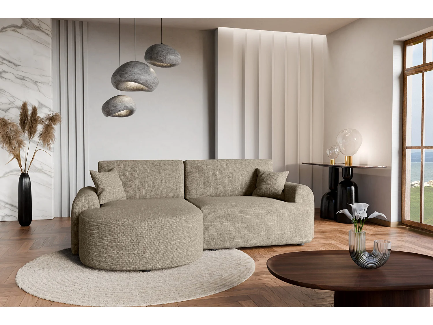 Canapé d’angle gauche en tissu tressé beige, résistant à l’usure, avec fonction couchage – ARTE PREMIUM