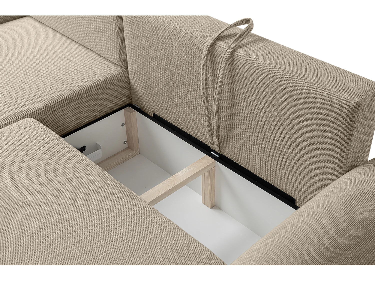 Canapé d’angle gauche en tissu tressé beige, résistant à l’usure, avec fonction couchage – ARTE PREMIUM
