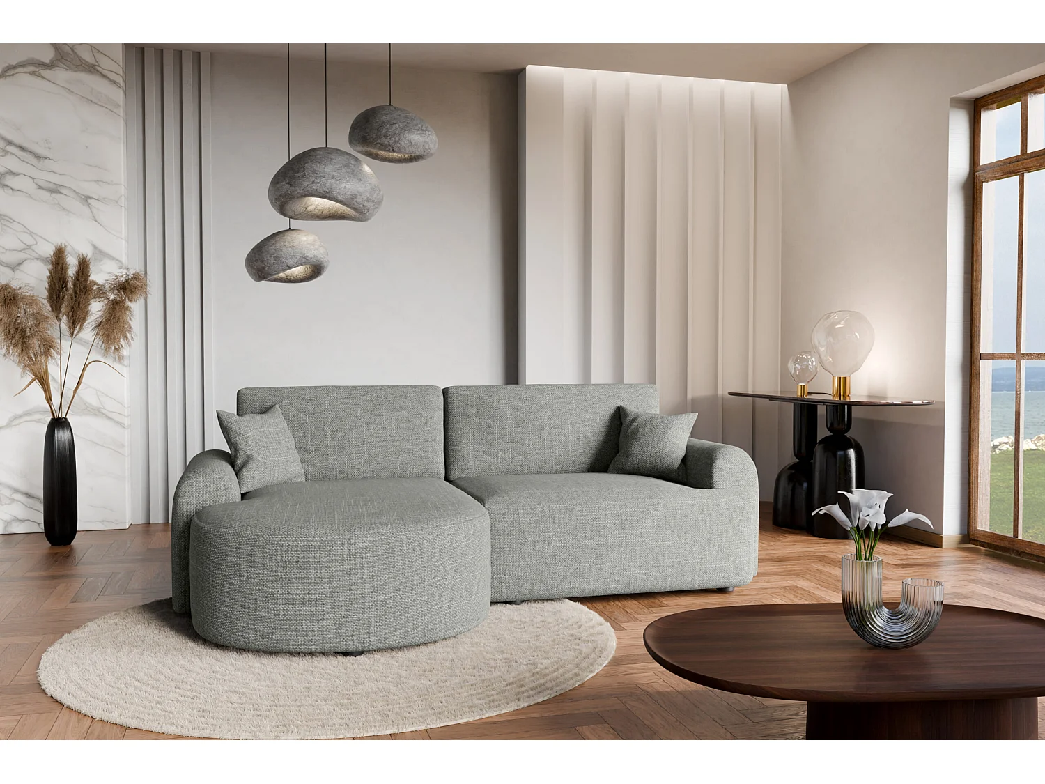 Canapé d’angle gauche en tissu tressé gris résistant à l’usure, avec fonction couchage – ARTE PREMIUM