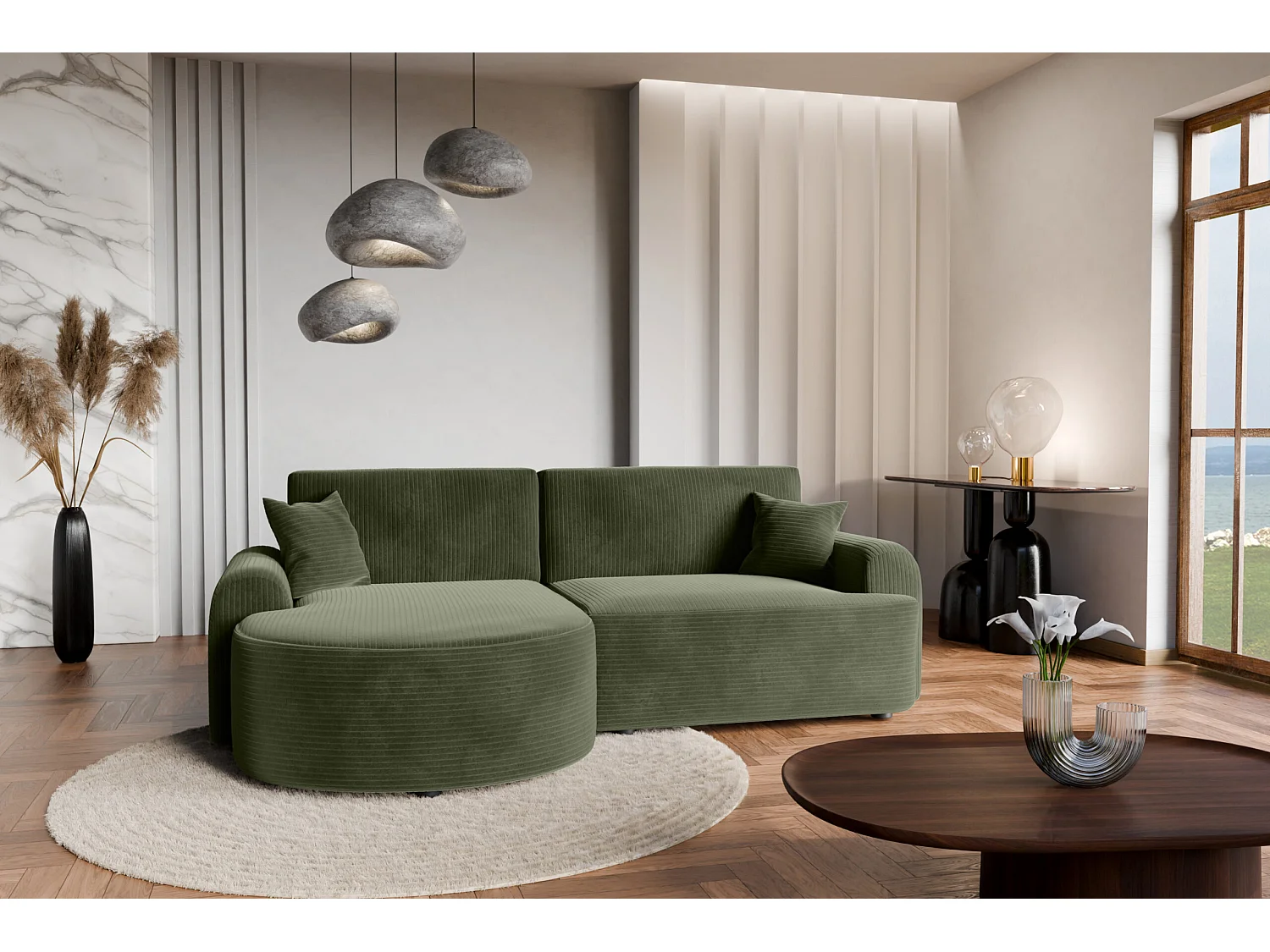 Canapé d'Angle gauche avec fonction de couchage ARTE PREMIUM coffre en velours côtelé vert bouteille du fabricant - VINOTTI
