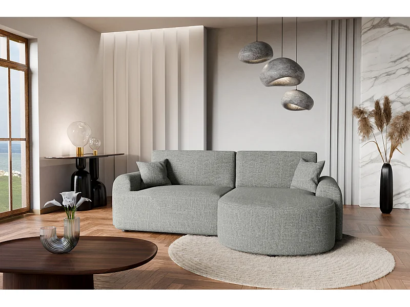 Divano angolare destro in tessuto intrecciato grigio, resistente all’usura, con funzione letto – ARTE PREMIUM