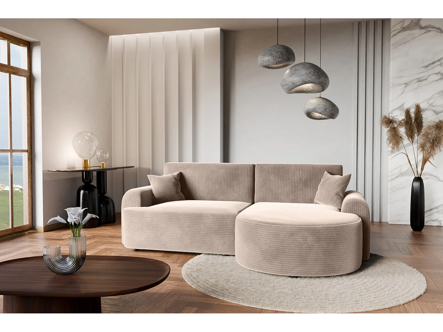 Hoekbank rechts met slaapfunctie en opbergruimte in beige ribfluweel – ARTE PREMIUM, van fabrikant VINOTTI