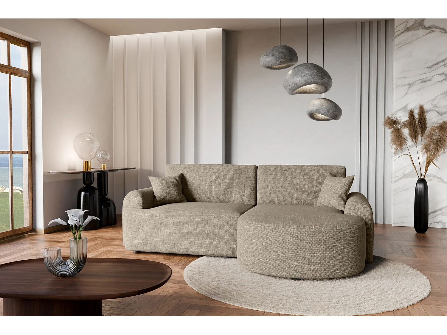 Canapé d’angle droit en tissu tressé beige, résistant à l’usure, avec fonction couchage – ARTE PREMIUM