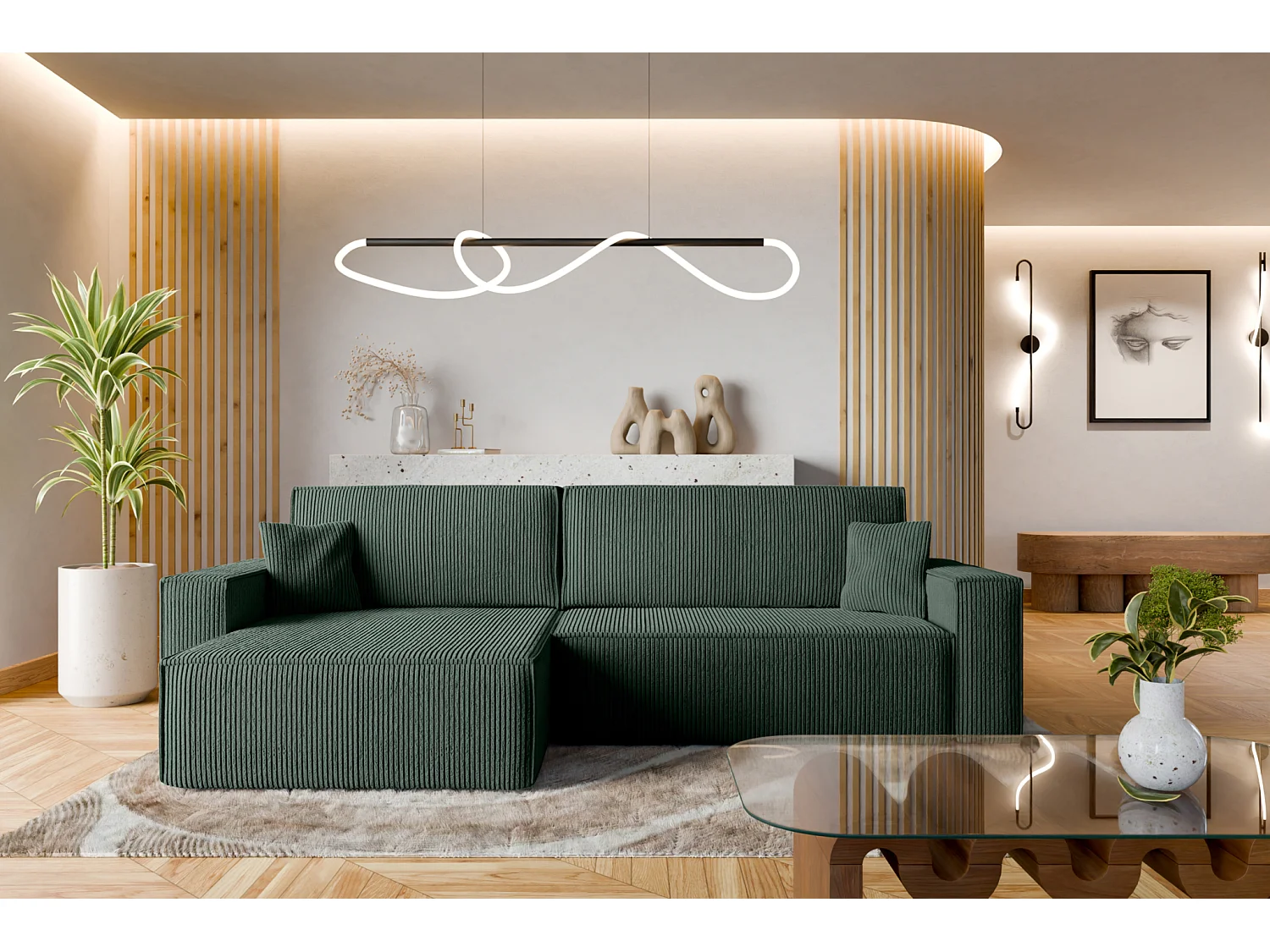 Divano letto angolare reversibile con vano contenitore universale Karl XL in velluto a coste verde bottiglia del produttore - VINOTTI