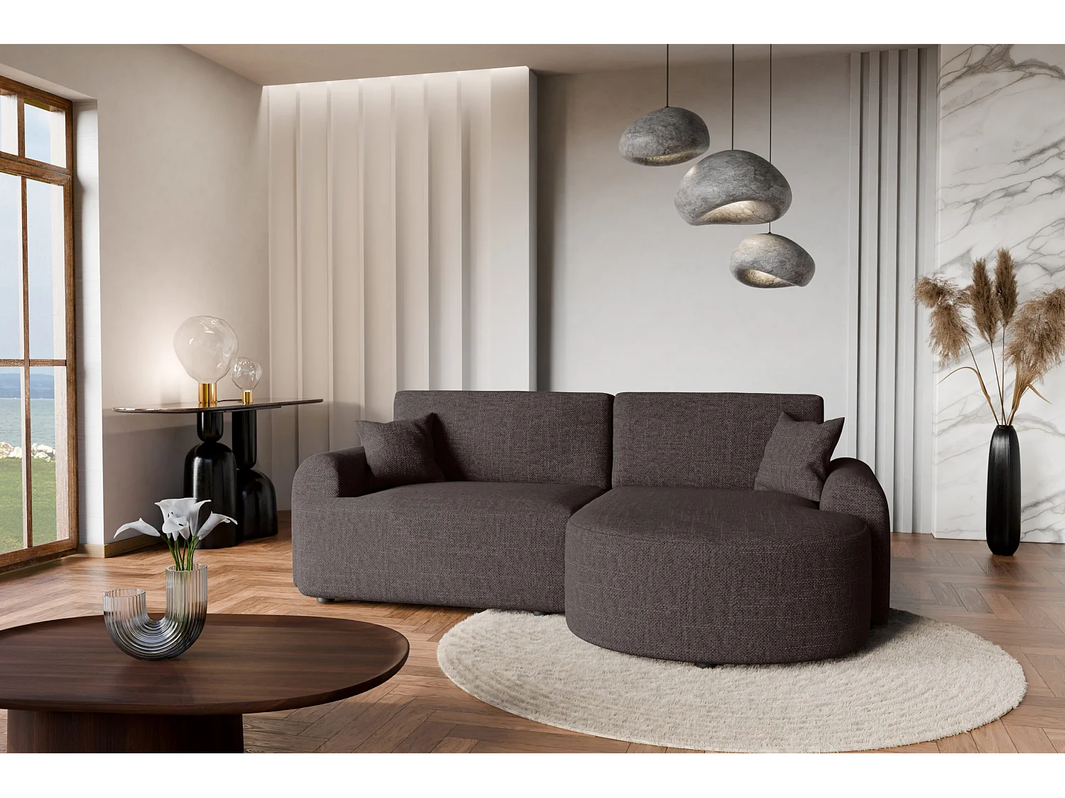Canapé d’angle droit en tissu tressé brun chocolat, résistant à l’usure, avec fonction couchage – ARTE PREMIUM