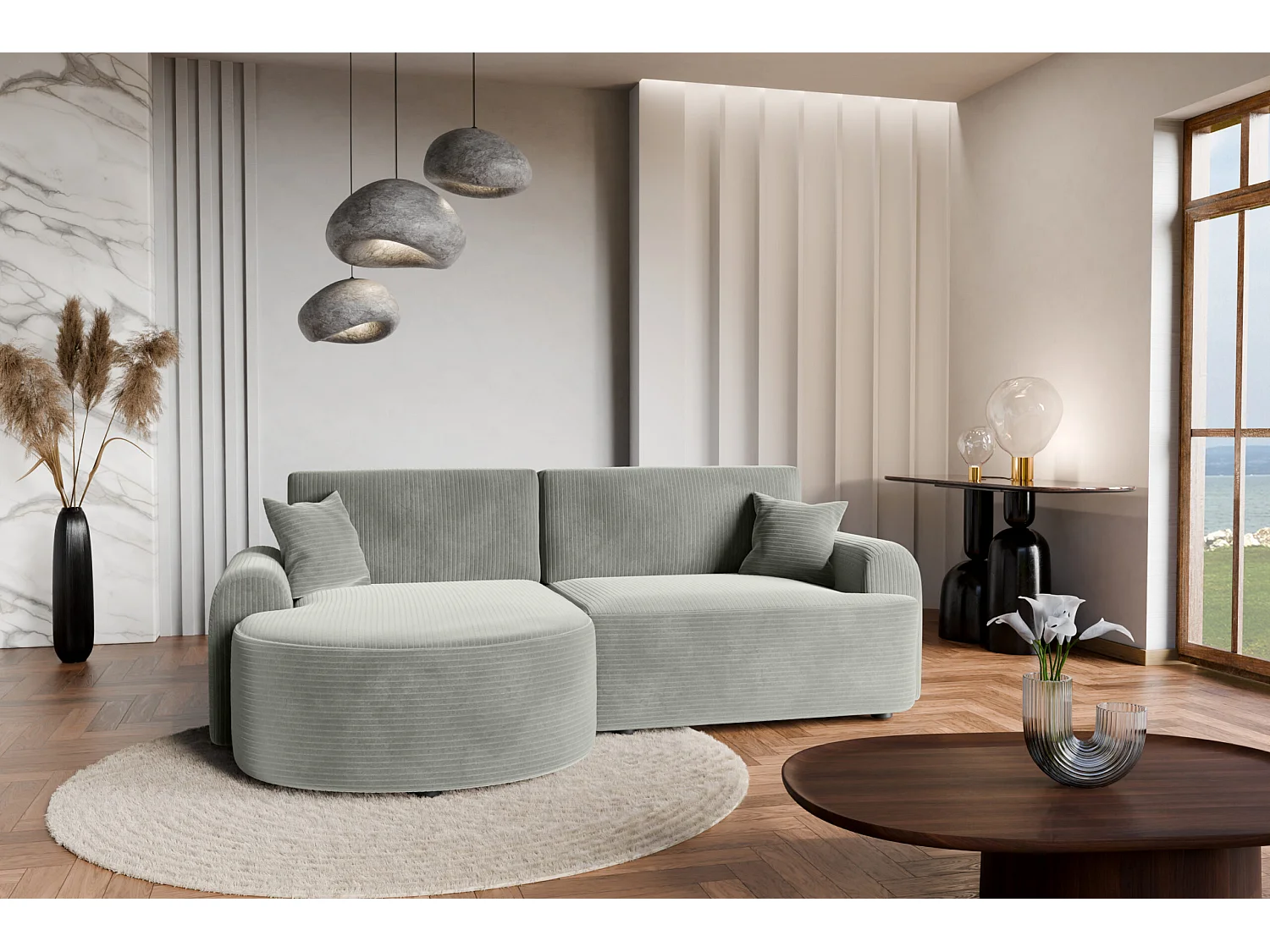 Canapé d'Angle gauche avec fonction de couchage ARTE PREMIUM coffre en velours côtelé vert du fabricant - VINOTTI