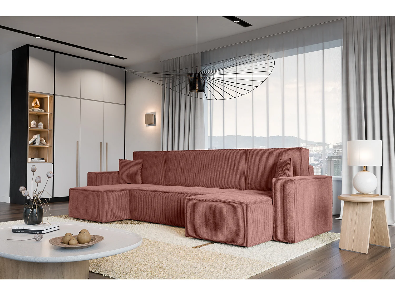 Canapé d'Angle réversible convertible avec fonction de couchage Karl U coffre universel en velours côtelé cuivre du fabricant - VINOTTI