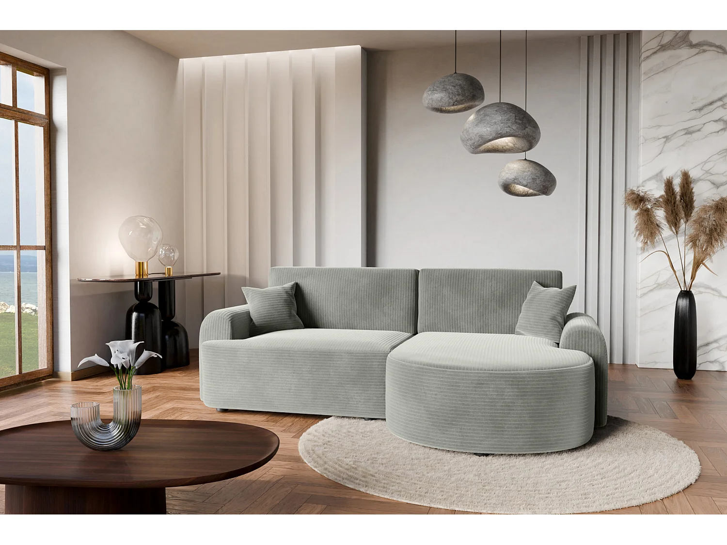 Canapé d'Angle droit avec fonction de couchage ARTE PREMIUM coffre en velours côtelé vert du fabricant - VINOTTI
