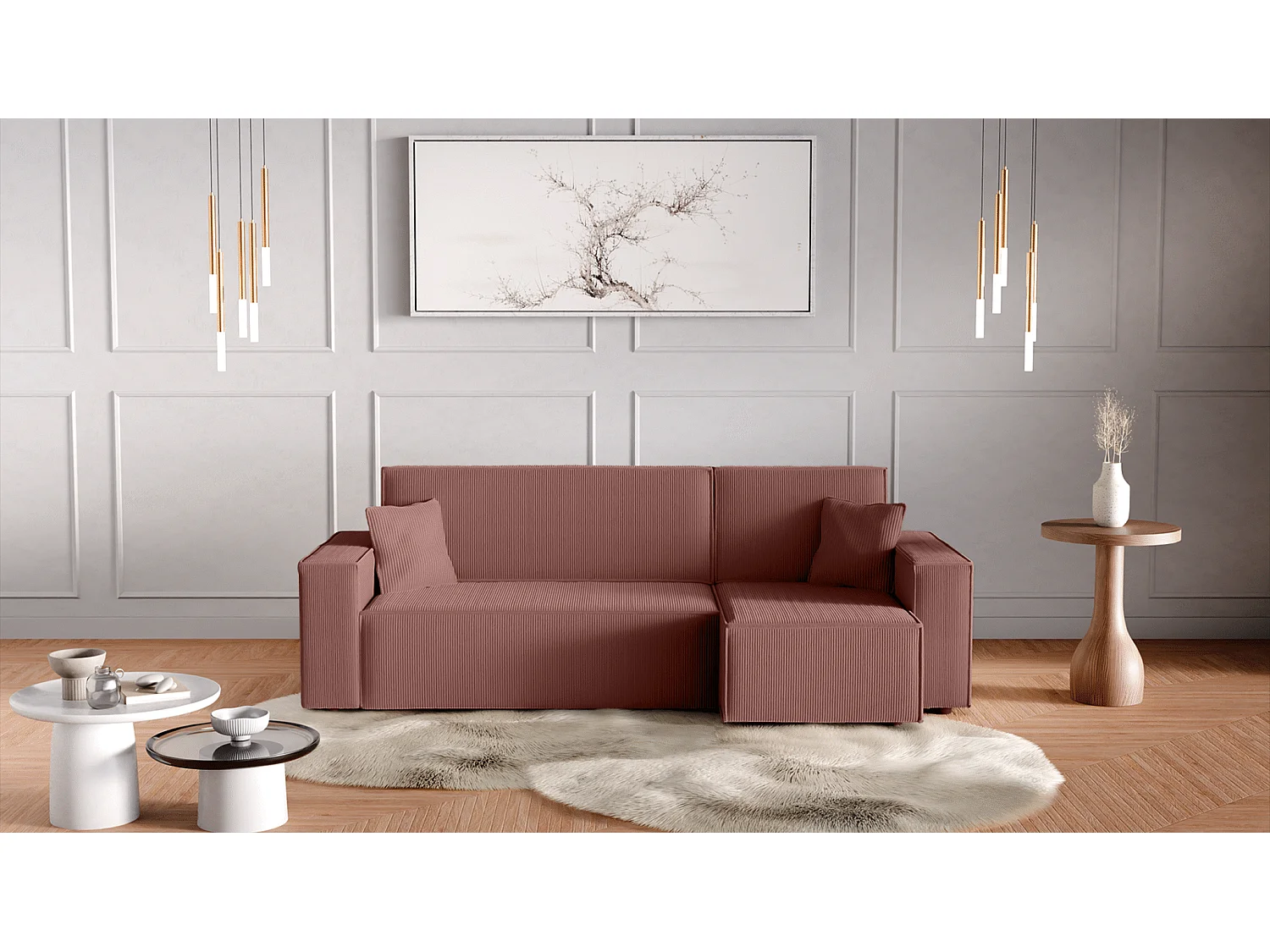 Canapé d'Angle réversible convertible avec fonction de couchage Karl L coffre universel en velours côtelé cuivre du fabricant - L244 x P145 x H82cm Vinotti