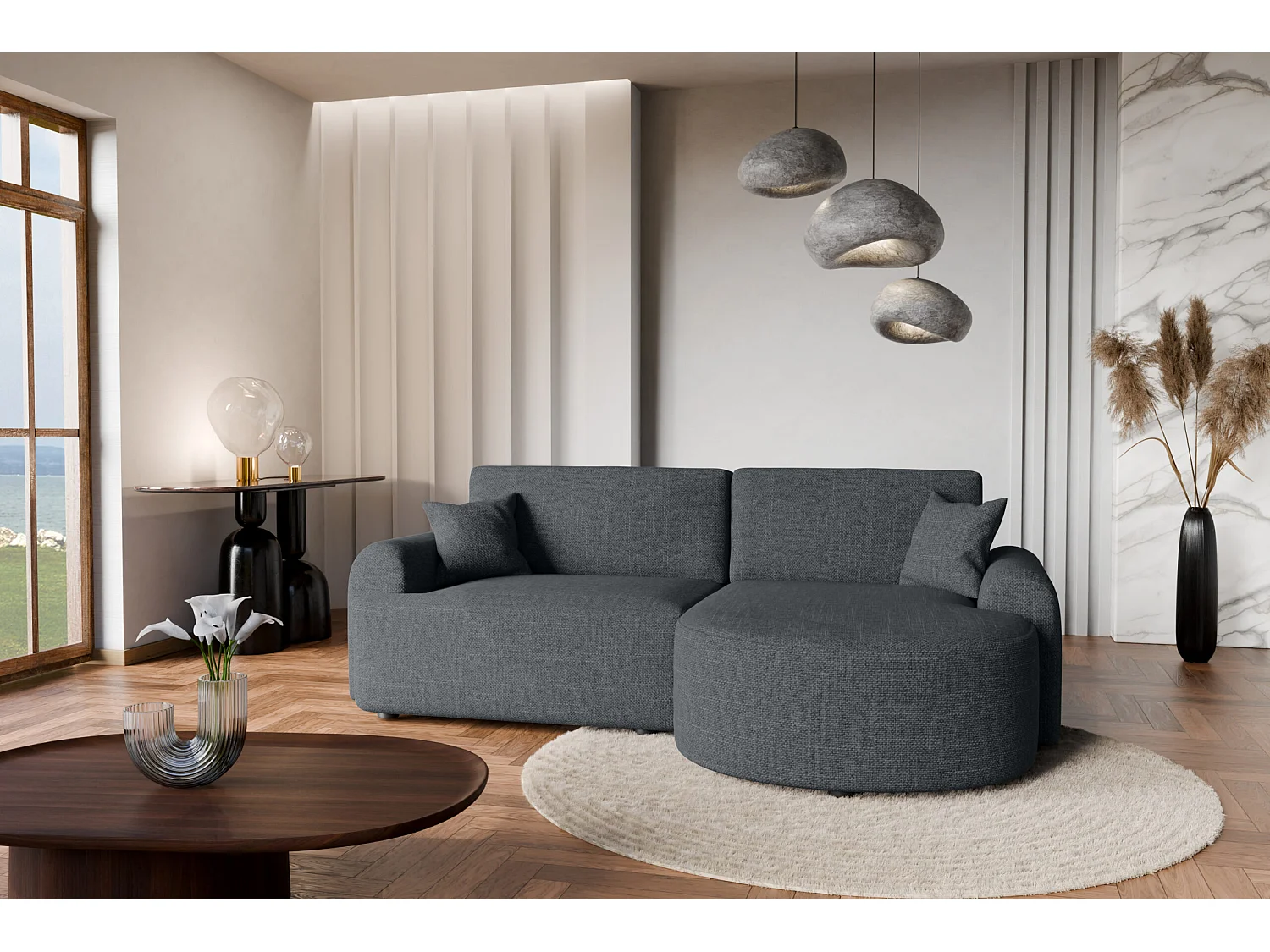 Canapé d’angle droit en tissu tressé anthracite, résistant à l’usure, avec fonction couchage – ARTE PREMIUM