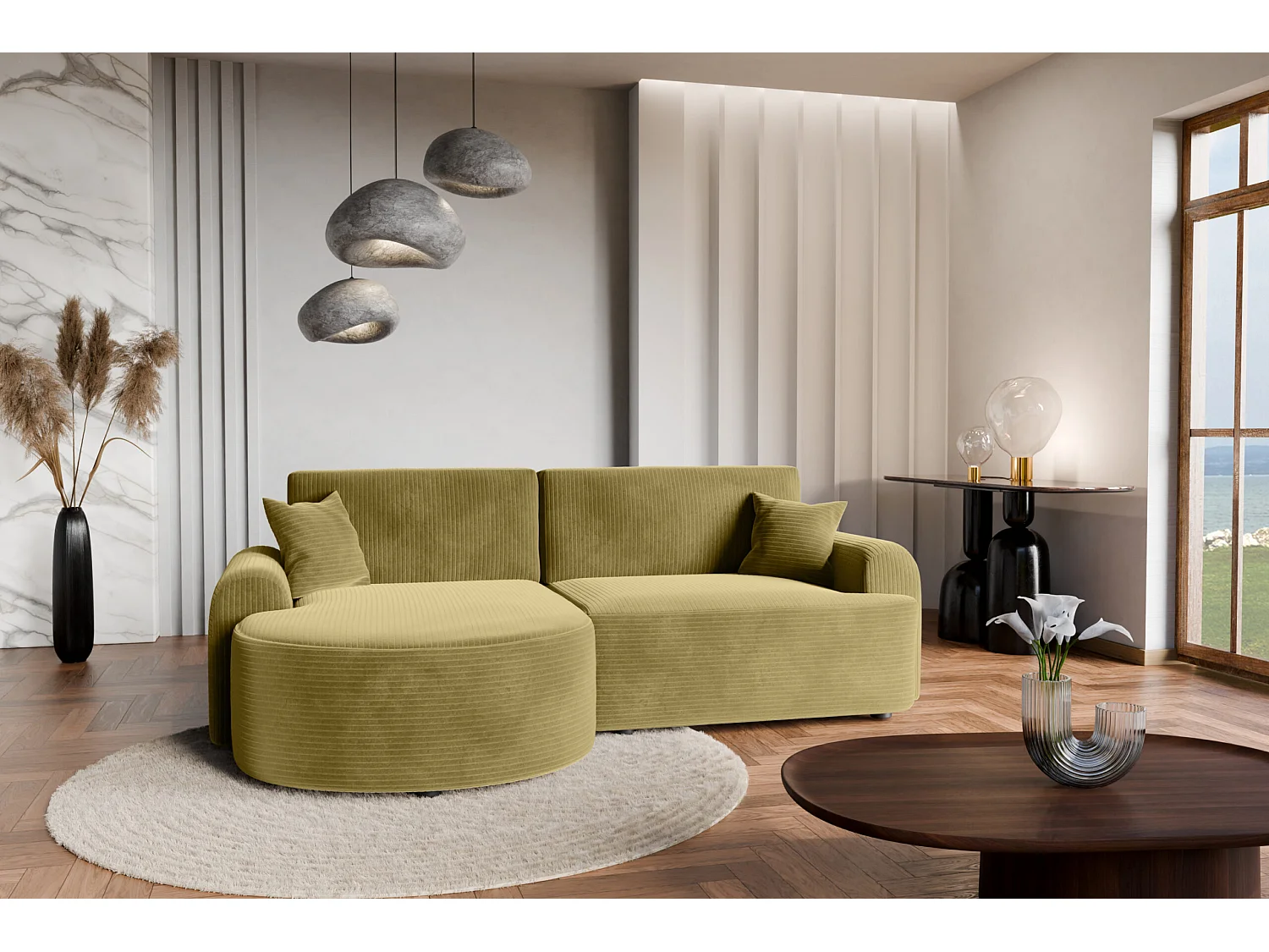 Canapé d'Angle gauche avec fonction de couchage ARTE PREMIUM coffre en velours côtelé moutarde du fabricant - VINOTTI