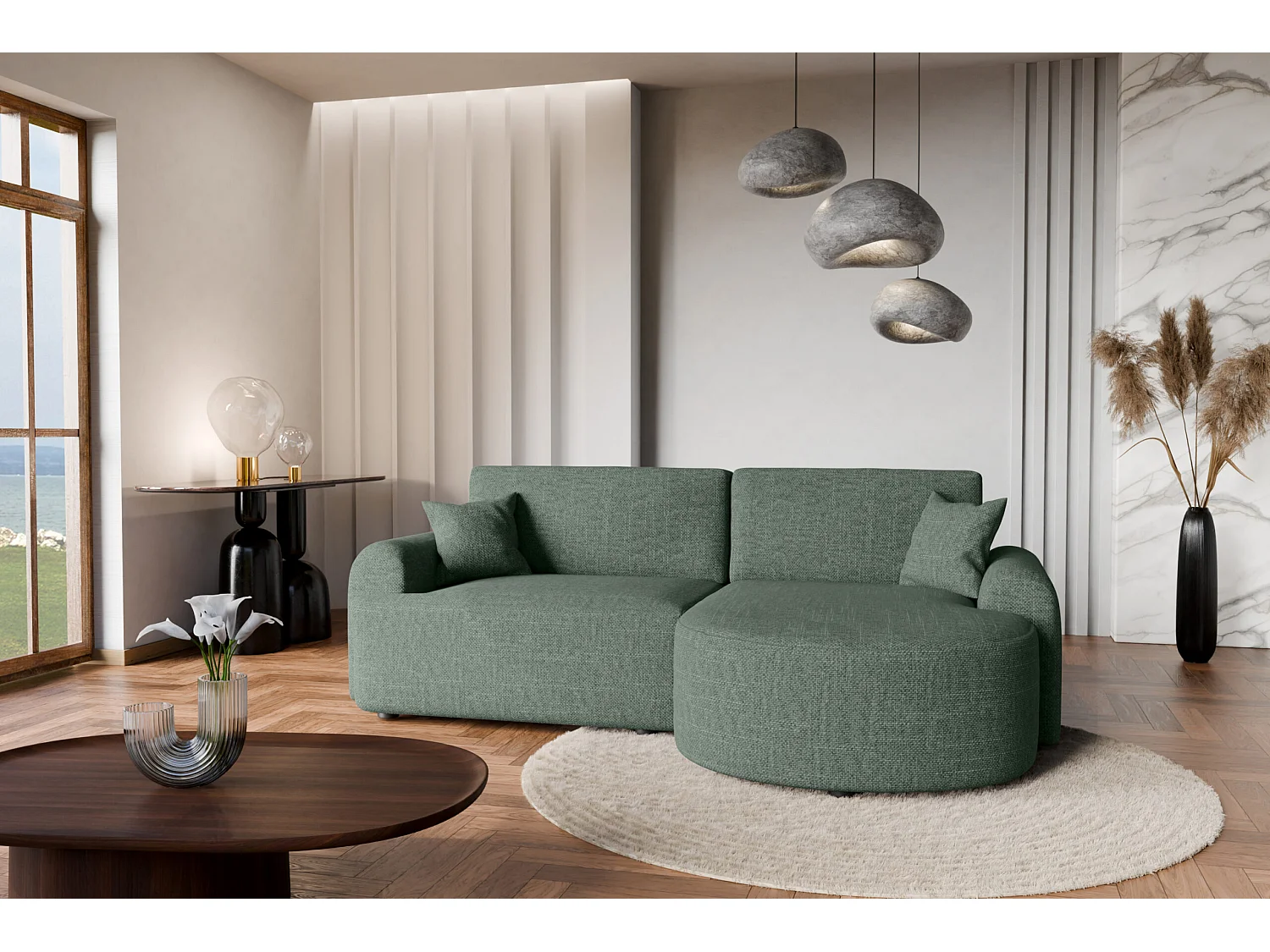 Canapé d’angle droit en tissu tressé vert bouteille, résistant à l’usure, avec fonction couchage – ARTE PREMIUM