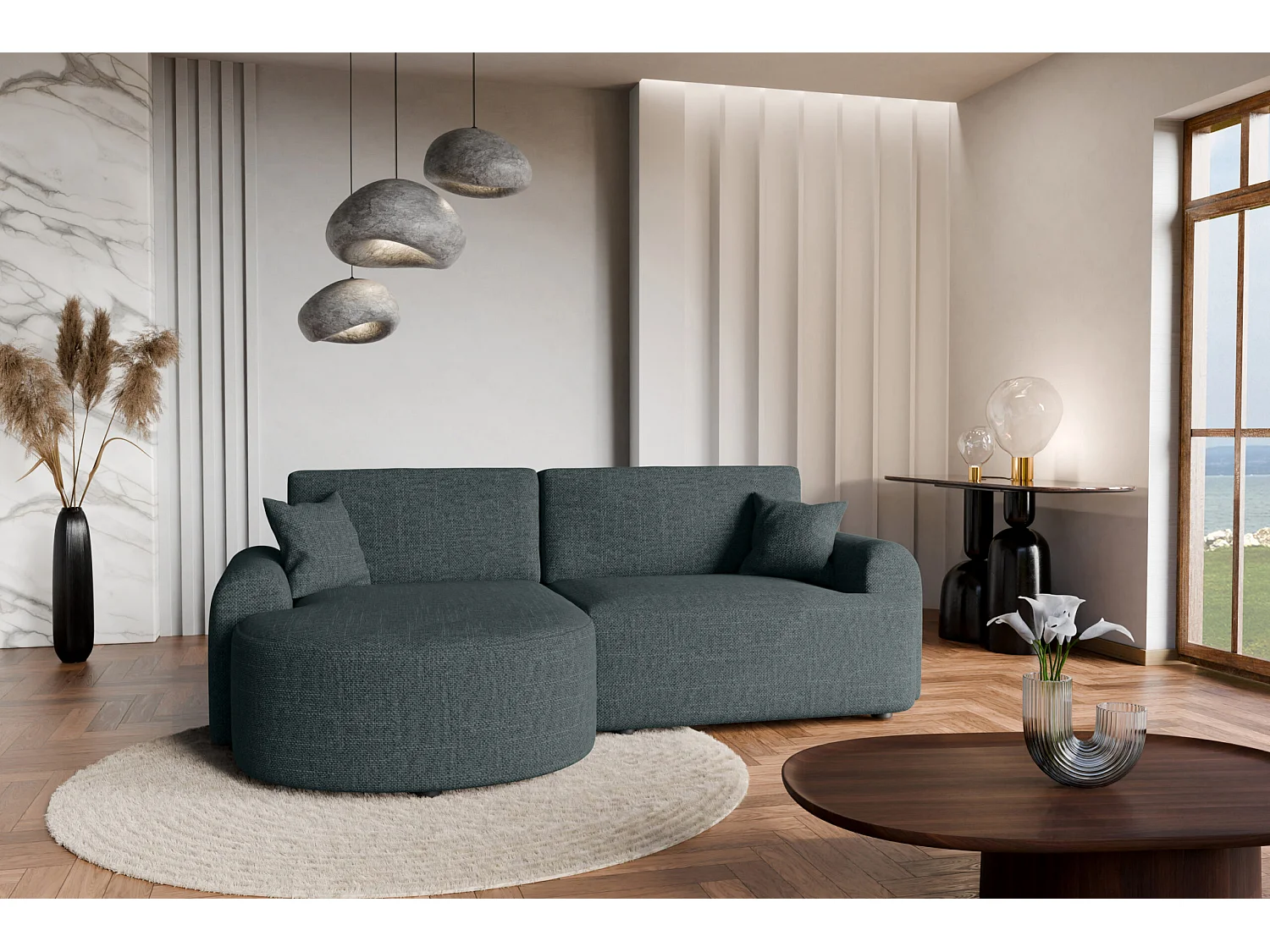 Canapé d’angle gauche en tissu tressé noir, résistant à l’usure, avec fonction couchage – ARTE PREMIUM